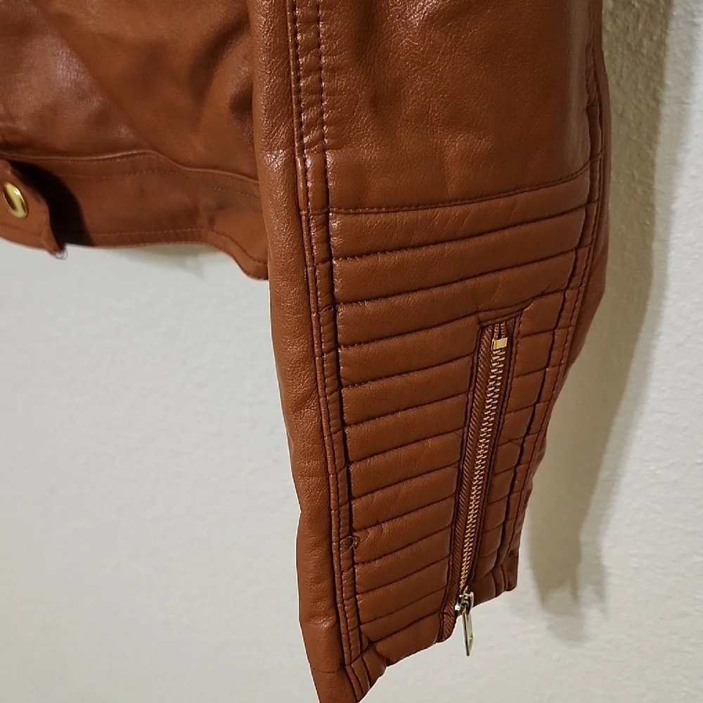 Love Tree Brown and Gold Leather Motorcycle Jacket - Picture 6 of 14